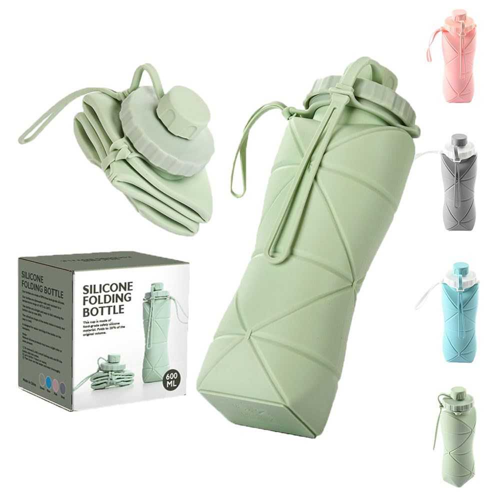 600ml Folding Silicone Water Bottle Sports Water Bottle Outdoor Travel Portable Water Cup Running Riding Camping Hiking Kettle (Grey)